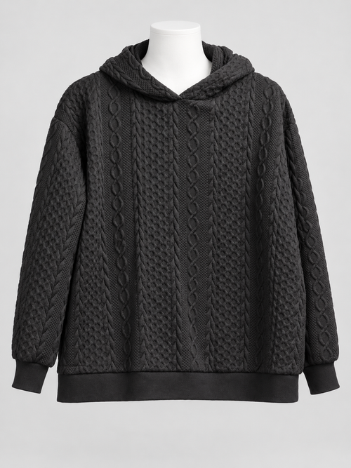 2XL Black Cable Knit Textured Oversized Pullover Hoodie Ribbed - Image 1