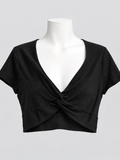 Black Twist Front Short Sleeve Crop Top V-neck XL - Image 1