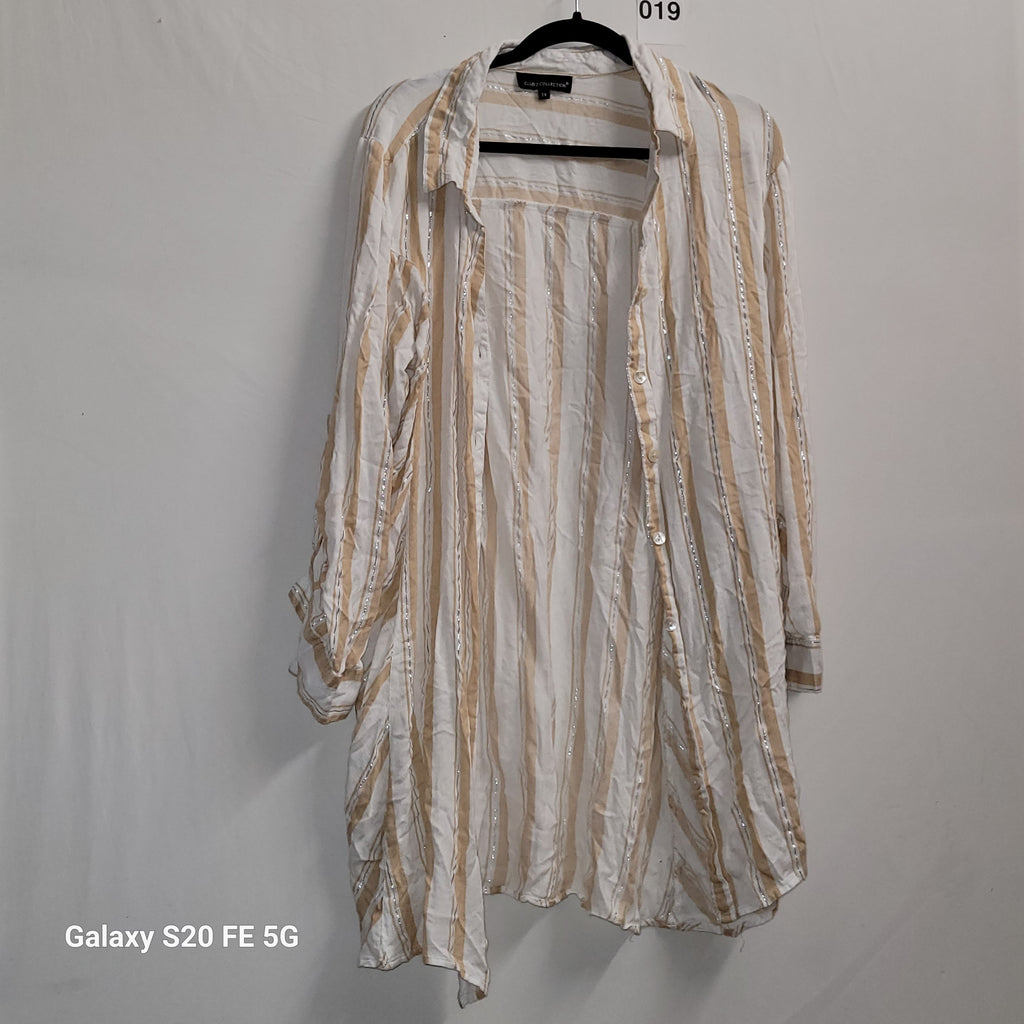 Club Z Collection Beige White Striped Long Shirt Tunic 1X - Image 2