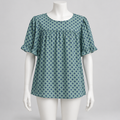 Blue Geometric Print Short Sleeve Blouse Gathered Yoke 3XL - Image 1