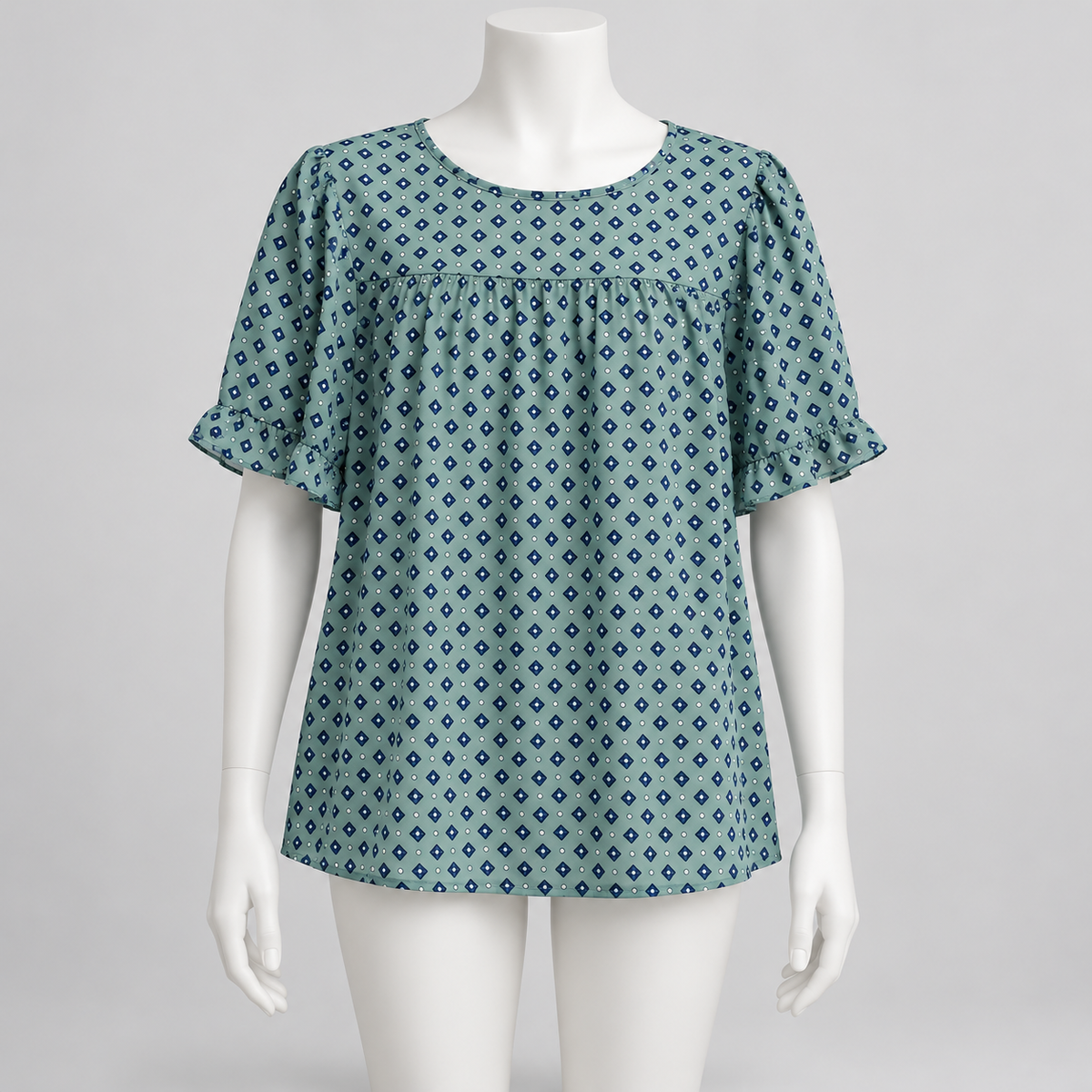 Blue Geometric Print Short Sleeve Blouse Gathered Yoke 3XL - Image 1