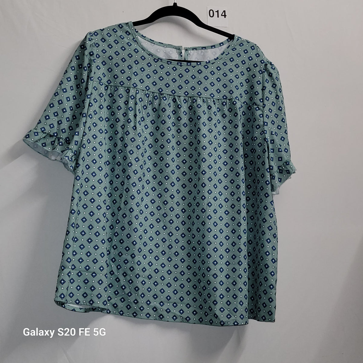 Blue Geometric Print Short Sleeve Blouse Gathered Yoke 3XL - Image 2