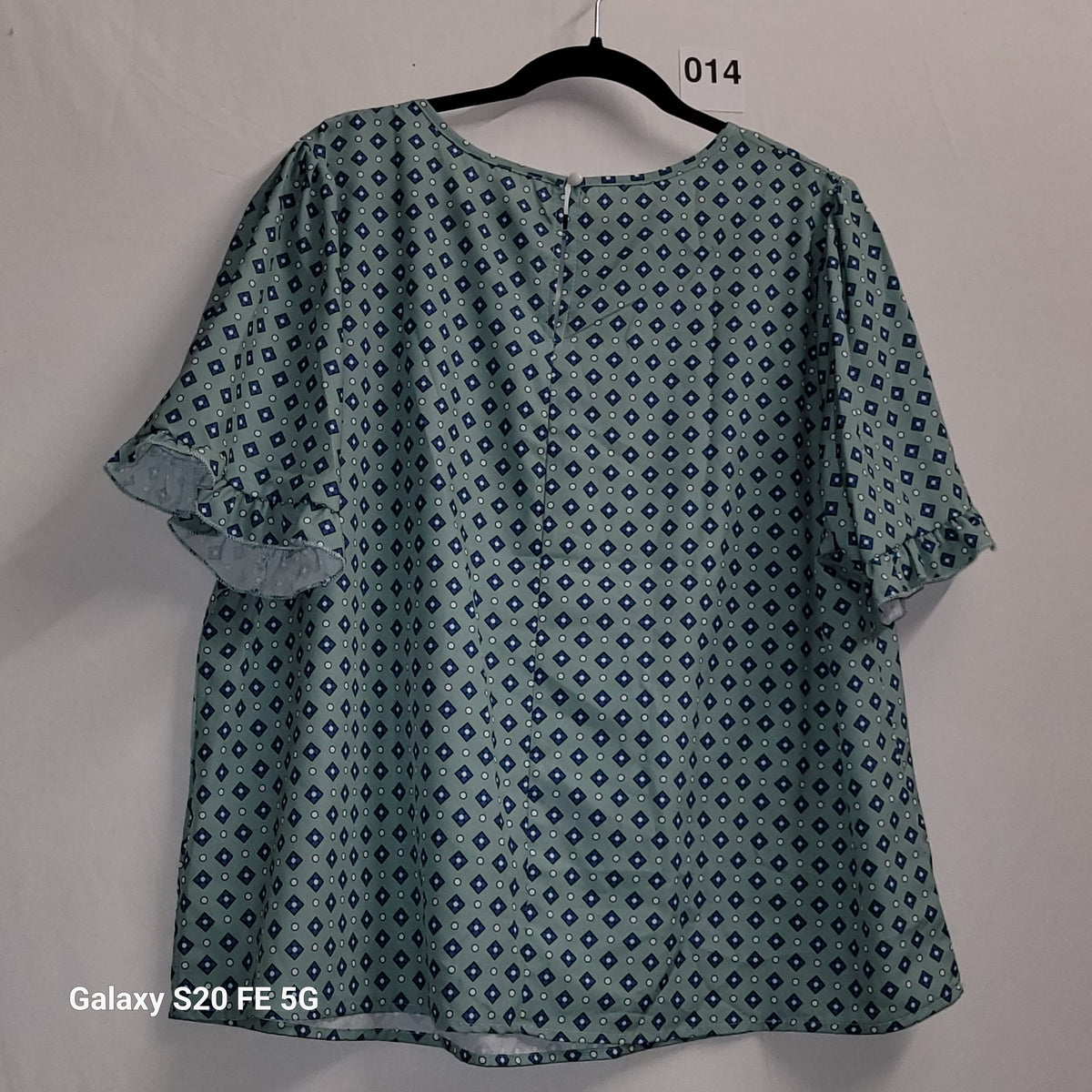 Blue Geometric Print Short Sleeve Blouse Gathered Yoke 3XL - Image 3