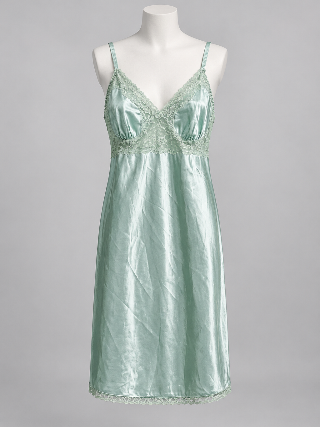 Secret Treasures Seafoam Green Satin Lace Trim Chemise Medium - Image 1