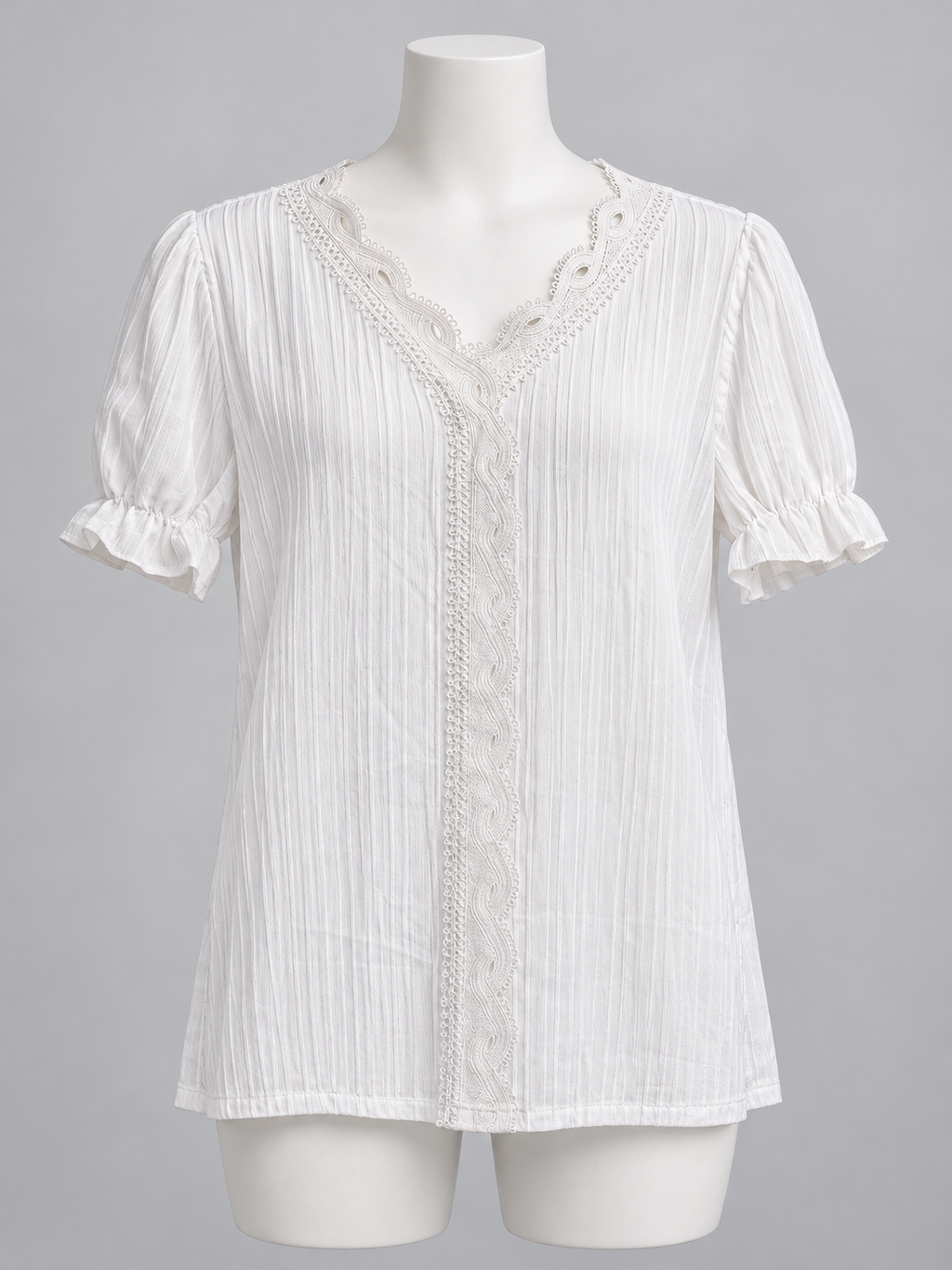 XXL White V Neck Lace Puff Sleeve Blouse - Image 1