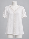 XXL White V Neck Lace Puff Sleeve Blouse - Image 1
